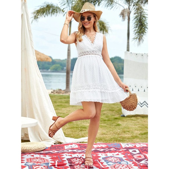 Maternity Swiss Dot Contract Lace Tie Back Ruffle tank mini Dress white - Picture 2 of 5